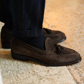 Dark Brown Suede Leather Kensington Tassel Loafers – Handcrafted Luxury Slip-On Dress Shoes