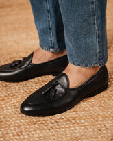 Black Deer Leather Laurent Tassel Loafers – Handcrafted Luxury Slip-On Dress Shoes