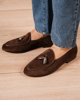 Dark brown Suede Leather Windsor Tassel Loafers – Handcrafted Luxury Slip-On Dress Shoes
