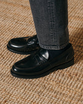 Black Smooth Abraded Leather Sterling Penny Loafers – Handcrafted Luxury Slip-On Dress Shoes