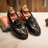 Black Smooth Abraded Leather Prescott Tassel Loafers – Handcrafted Luxury Slip-On Dress Shoes