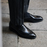 Black Smooth Abraded Leather Cambridge Penny Loafers – Handcrafted Luxury Slip-On Dress Shoes