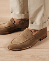 Sand Suede Leather Monaco Penny Loafers – Handcrafted Luxury Slip-On Dress Shoes