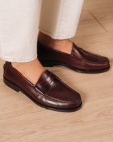 Burgundy brown Antiqued Leather Gideon Penny Loafers – Handcrafted Luxury Slip-On Dress Shoes