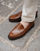 Cognac Smooth Abraded Leather Dominic Penny Loafers – Handcrafted Luxury Slip-On Dress Shoes