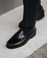 Black Smooth Abraded Leather Calloway Penny Loafers – Handcrafted Luxury Slip-On Dress Shoes