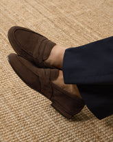 Dark brown Washed Suede Leather Jasper Penny Loafers – Handcrafted Luxury Slip-On Dress Shoes