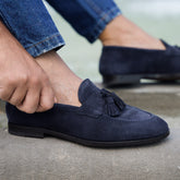 Blue Suede Leather Leighton Tassel Loafers – Handcrafted Luxury Slip-On Dress Shoes