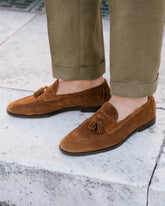 Tobacco brown Suede Leather Pembroke Tassel Loafers – Handcrafted Luxury Slip-On Dress Shoes