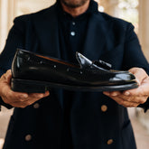 Black Smooth Abraded Leather Bristol Tassel Loafers – Handcrafted Luxury Slip-On Dress Shoes