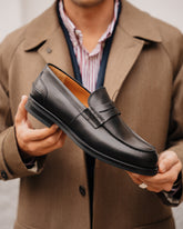 Black Smooth Leather Valencia Penny Loafers – Handcrafted Luxury Slip-On Dress Shoes
