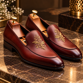 Italian Mahogany Brown Leather Loafers | Luxury Italian Style Gold Floral Embroidered Wedding Dress Shoes for Men