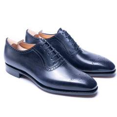 Leonardo Prime: Sleek Navy Leather Wholecut Brogue Detailing Oxford Formal Shoes