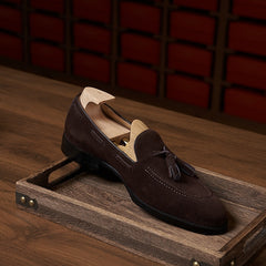 Tassel Loafer – Dark Brown Suede with Classic Hand-Stitching