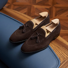 Tassel Loafer – Dark Brown Suede with Classic Hand-Stitching