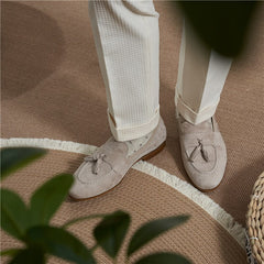 Tassel Loafer – Soft Beige Suede with Handcrafted Detailing