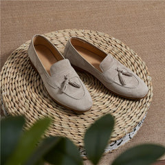 Tassel Loafer – Soft Beige Suede with Handcrafted Detailing