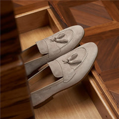 Tassel Loafer – Soft Beige Suede with Handcrafted Detailing