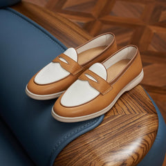 Penny Loafer – Two-Tone White & Tan with Rubber Sole