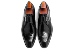 Black Leather Single Monk Strap Wingtips Oxford Formal Full-Grain Leather Shoes For Men