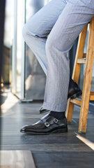 Elegant Black Leather Double Monk Strap Dress Shoe with Cap Toe