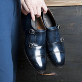 Navy Blue & Blue Leather Graveous Double Monk Strap Dress Shoes - Premium Men's Formal Dress Shoes