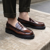 Brown Leather Sterling Penny Loafers with Chunky Sole