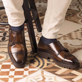 Brown & Tan Leather Belaedo Classic Monk Strap Leather Shoes - Classic Men's Formal Office Dress Shoes