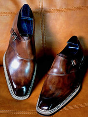 Handcrafted Brown Leather Monk Strap Shoes with Classic Stitch Detailing