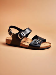 Men’s Black Leather Cork Sandals – Adjustable Buckle Straps & Comfort Footbed