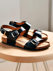 Men’s Black Leather Cork Sandals – Adjustable Buckle & Comfort Footbed