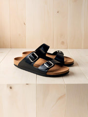 Men’s Black Leather Cork Sandals – Comfortable Slip-On with Adjustable Buckles