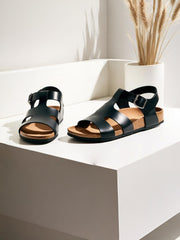 Men’s Black Leather Gladiator Sandals – Stylish Cork Footbed Sandals with Adjustable Buckle