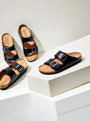 Premium Black Leather Buckle Sandals – Lightweight & Durable