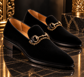 Italian Black Velvet Loafers | Luxury Italian Style Gold Horsebit Embroidered Wedding Dress Shoes for Men
