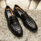 Black Croc Leather Xavier Penny Loafers– Handcrafted Luxury Footwear