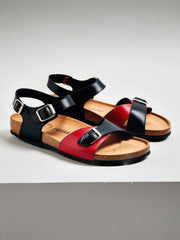 Black & Red Leather Cork Sandals – Stylish & Comfortable Summer Wear