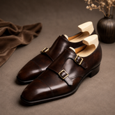 Brown Leather Valentino Toe Cap Double Monk Straps - Formal Shoes