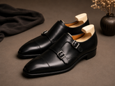 Black Leather Valentino Toe Cap Double Monk Straps - Formal Shoes