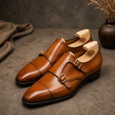 Tan Leather Valentino Toe Cap Double Monk Straps - Formal Shoes