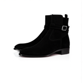 Men's Black Suede Ankle Boots with Tan Leather Strap – Modern Chelsea Style