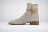 Men's Grey Suede Ankle Boots with Tan Leather Strap – Modern Chelsea Style