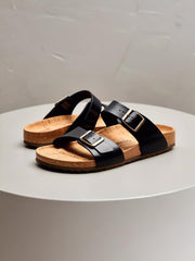 Black Leather Cork Sandals for Men – Premium Comfort, Adjustable Buckle, Summer Slip-Ons