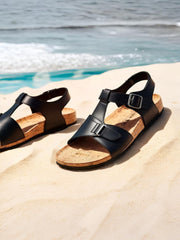 Men’s Black Leather Cork Sandals – Adjustable Strap, Lightweight & Stylish Summer Footwear