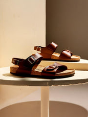 Brown Leather Cork Sandals for Men – Comfort & Style with Adjustable Buckles