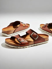 Men’s Brown Leather Cork Sandals – Comfortable, Adjustable Buckle Slippers for Summer