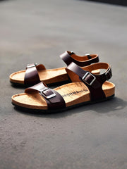 Men’s Brown Leather Cork Sandals – Adjustable Buckle Straps, Comfortable & Stylish Summer Footwear