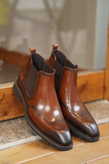 Premium Tan Leather Oxford Style Formal Office Slip On Brogue Chelsea Boots for Men