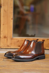 Premium Tan Leather Oxford Style Formal Office Slip On Brogue Chelsea Boots for Men