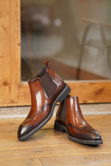 Premium Tan Leather Oxford Style Formal Office Slip On Brogue Chelsea Boots for Men
